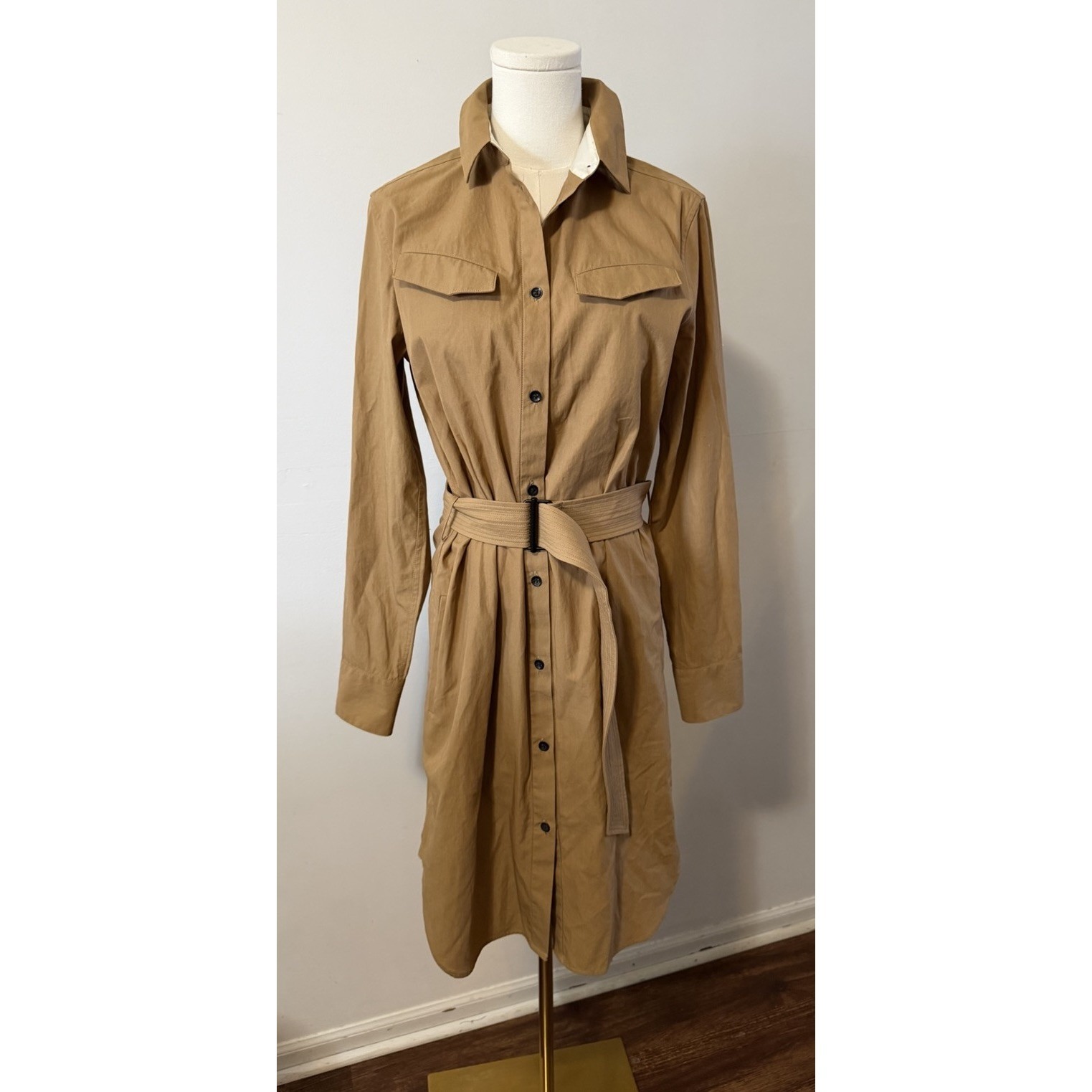 Rag & Bone Tan Belted Shirt Dress Cotton Silk Trim Size 4